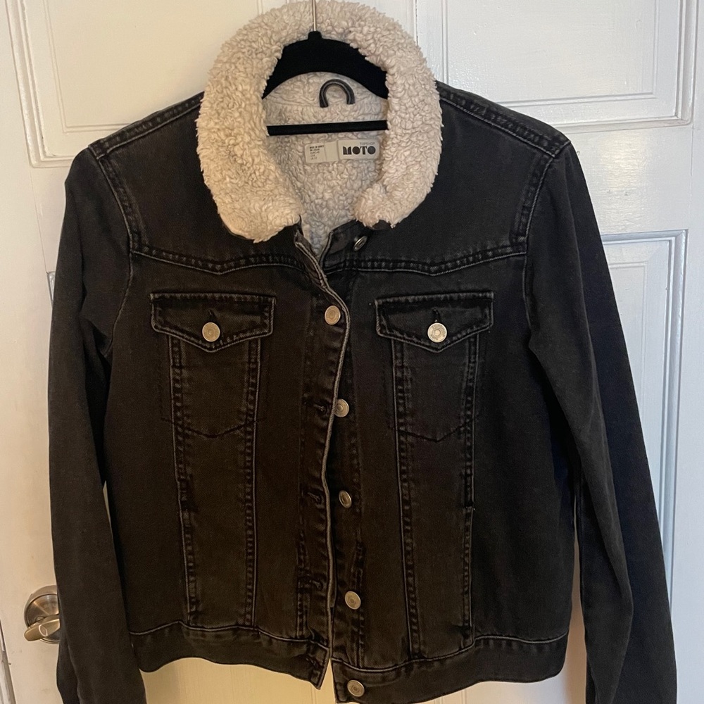 90’s inspired shearling lined black denim jacket.